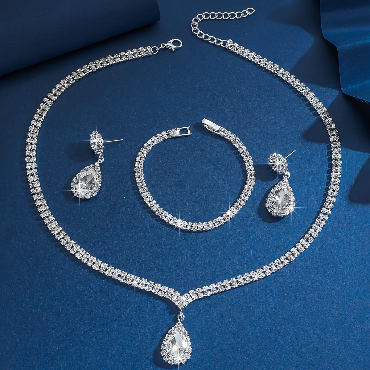 CZ Drop Necklace Ring Set Silver Plated Teardrop Pendants Earrings